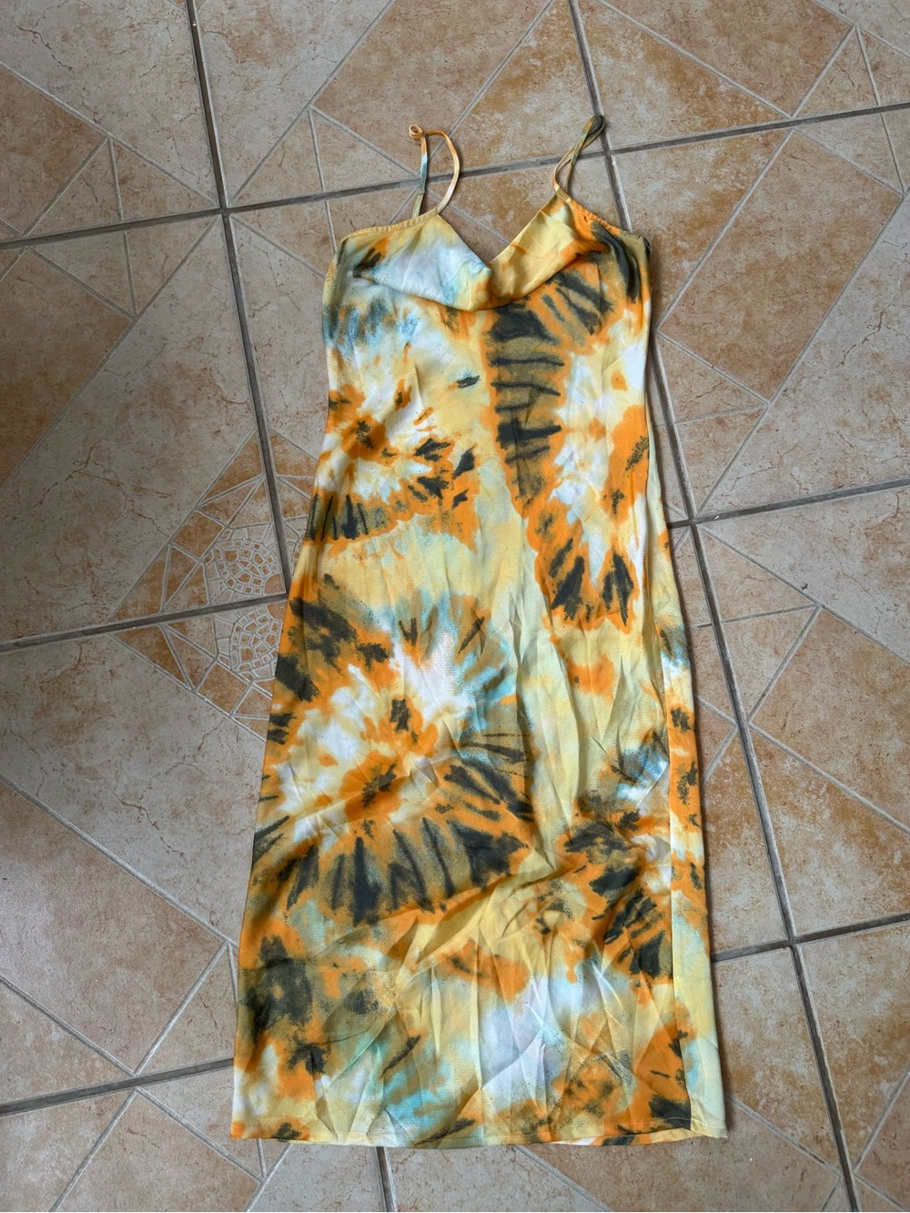 Simplee Apparel Yellow and Green Tie-Dye Midi Slip Dress